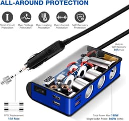 SnelShoppen - OOWOLF Sigarettenaansteker Auto, 3-Way 180W 12V/24V Auto Distributeur Socket met QC 3.0 Snellader, Voltmeter en 4 USB Poorten voor GPS, — thumbnail 3