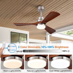 Houten Plafondventilator 42 inch - Met Licht en Afstandsbediening - Binnen en Buiten Gebruik - Modern Design met 3 Bladen - Geschikt voor Terras, Woonkamer, Boerderij - Zijde Nikkel Afwerking — thumbnail 3