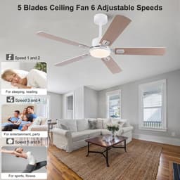 Plafondventilator 52 inch met Licht en Afstandsbediening - Dimbare LED-verlichting - 6 snelheden met omkeerbare motor - Geschikt voor slaapkamer - Vlak modern design - 5 bladen met tweekleurige afwerking (wit & natuurhout) — thumbnail 5