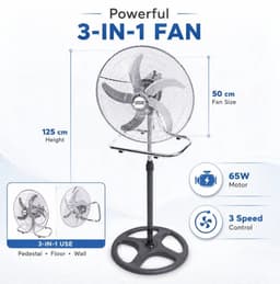 House Of Atelier - 3-in 1 Ventilator - Staande, Tafel en Muur Ventilator - 65 W vermogen - Verstelbare hoogte - 3 Snelheden - Zwart — thumbnail 1