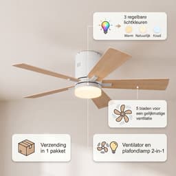 Plafondventilator met lamp - Diameter 106.6 cm - 6 snelheden & 3 kleuren - omkeerbare motor en stil - modern - Licht eiken — thumbnail 2