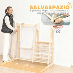 5-in-1 Montessori Indoor Houten Klimdriehoek met Glijbaan, Schommel, Klimnet en -bord, Basketbalring, Opvouwbaar Speelplaats voor Kinderen van 3-6 Jaar, Natuur — thumbnail 5