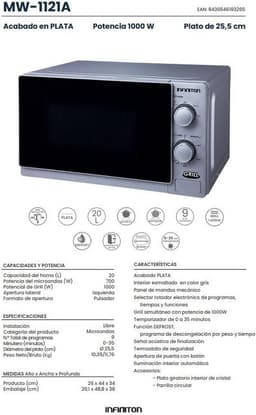 Magnetron met Grill - Compacte Oven - Snel Eten - 9 Vermogensstanden - 20 Liter - Zilver — thumbnail 3