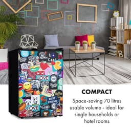 Klarstein Koelkast Cool Vibe - Inhoud: 70 liter, VividArt Concept: Deur met stickerbomb-designprint, ijsvak, ijsblokjesbakje, geluidsniveau: 42 dB, zwart - 72L - Mini Fridge - Compact Koelkast - Kleine Koelkast - Vrijstaande Koelkast — thumbnail 3