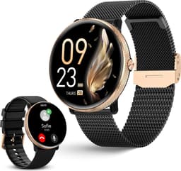 DynaBright AMOLED Smartwatch Dames en Heren - 1x RVS en 1x Siliconen Bandje - Zwart en Goud - Geschikt voor iOS (Apple) & Android - Stappenteller en Hartslagmeter — thumbnail 1