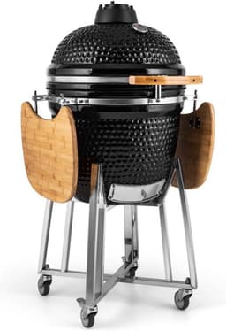Klarstein kamado grill - om te grillen, slow cooking, roken of bakken, verwijderbare zijpanelen, keramiek, roestvrij staal, bamboe, thermometer van 0-450 °C, 3 wielen, 75 x 132 x 125 cm, zwart — thumbnail 1
