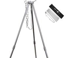 BBQ driepoot frame, driepoot, telescopisch frame, grillstandaard, koken in de open lucht, statief, inklapbaar, kampvuur, grillrooster, standaard, camping, statief met ketting en haak