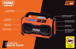 FERM - AX-POWER - JRM1005 - Bouw radio - Bluetooth radio - FM radio - USB oplaadpoort - Stereo - 2x 15W - Draagbaar - Werkt op 20V AX of FX accu [apart verkrijgbaar] - Geschikt voor de werkplaats - Bouwvakker radio - Powerbank functie - Jobsite radio — thumbnail 3
