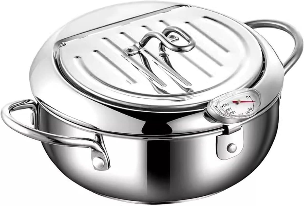 Huishoudelijke Friteuse - Kleine Frituurpan - Lekker Frituren - Ingebouwde Thermometer - 304 Roestvrij Staal - Zilverkleurig — afbeelding 1