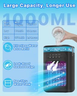 Ulisem - Draagbare airconditioner - Verdampingskoeler - 3 snelheden en 2 miststanden - 120° oscillerend - 7-kleuren nachtlampje - 2/4 uur timer - 1L tank - Type-C - Stil (35dB) - Zwart — thumbnail 5