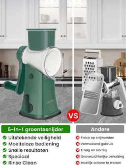 Kaasrasp Groentesnijder - Keukenmachine - Snel Ingrediënten Snijden - 5-in-1 Messensysteem - 19 x 14.5 x 29 cm - Groen — thumbnail 5