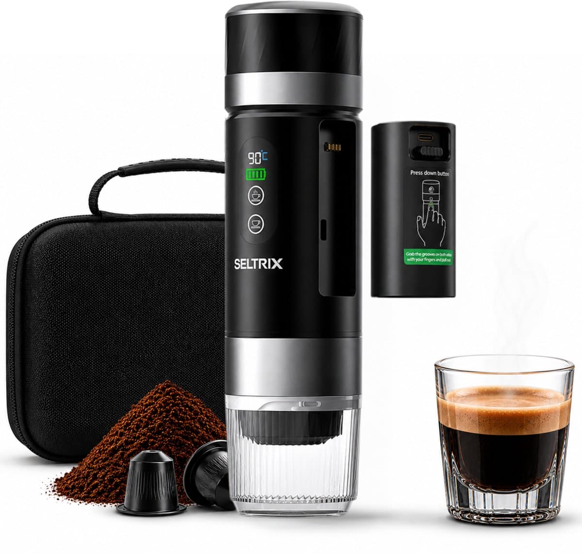 Draagbare koffiemachine - Verwisselbare Accu - 20 Bar - Inclusief Beschermhoes - Espressomaker voor Onderweg - 150 ml - 7500 mAh Oplaadbaar - Draagbaar koffiezetapparaat - Cups & Gemalen Koffie - Camping & Reizen - Espresso & Lungo - Seltrix - Zwart — afbeelding 1