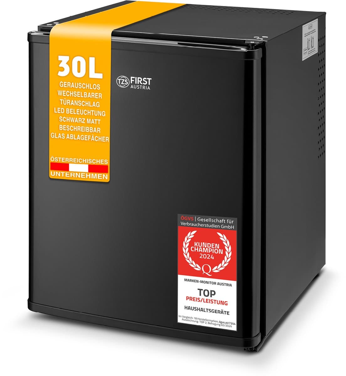 TZS First Austria Mini koelkast - Minibar - 30 liter - Vrijstaand - Volledig stil 22dB - Zwart — afbeelding 1