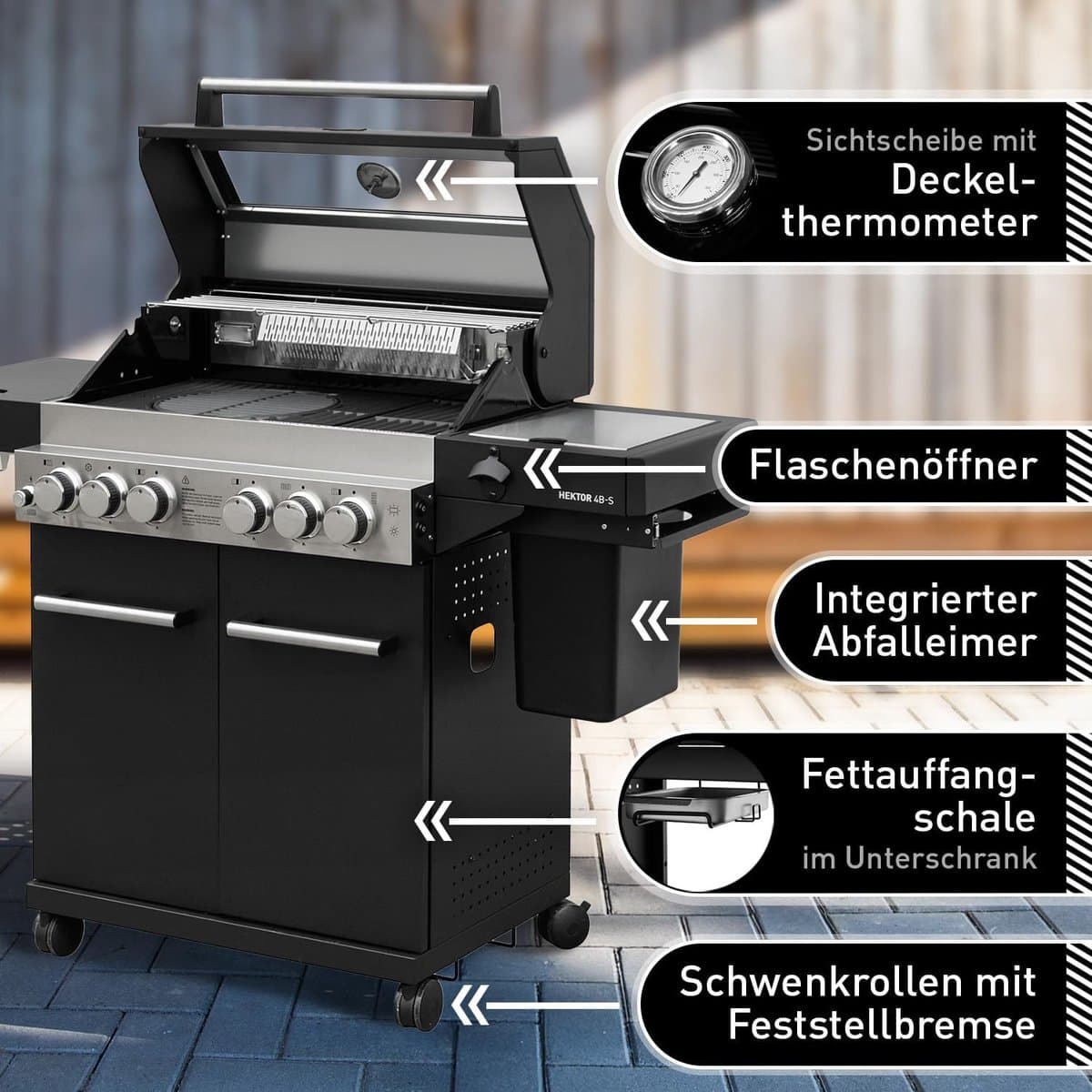 Gasbarbecue 4 Branders 57 x 139,6 x 115,4 cm – Premium Buitenkeuken met Draaispit, Sear Brander, Zijbrander, Achterbrander, Gietijzeren Grillroosters, Thermometer & Kijkvenster – HomebyNicole — afbeelding 1