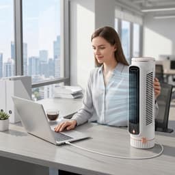 Ulisem - Tafeltorenventilator - 3 standen - USB oplaadbaar - Liggend en staand gebruik - Stille motor - Bladloos ontwerp - Draagbaar - Voor slaapkamer en kantoor - Wit — thumbnail 3