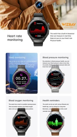WizBay Premium Select® 1.53 inch TFT Smartwatch Dames Heren - Sapphire Glas - Android en iOS - Bluetooth Call - 02 Zuurstof - Bloedruk - Message - AI Voice - Multiple Sport Modi - Obsidiaan Zwarte Case 2 extra Banden Zwart Leer en Siliconen — thumbnail 4