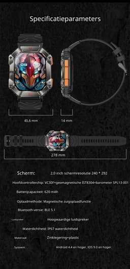 DrPhone ChronoWatchX2 – Robuuste Smartwatch | 2.0" HD | Bluetooth Bellen | Hoogtemeter | IP67 | 100+ Sportmodi - Zwart — thumbnail 3