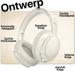 Koptelefoon Draadloos incl. Equalizer - Met Microfoon - Aux & Bluetooth 5.4 - Inklapbaar - Draadloze Headset - Wit / Beige — thumbnail 2