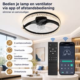 Rosnek Slimme Plafondventilator met Verlichting - Kristallen Plafondlamp met Ventilator - Stille DC-Motor - Zomer en Winterstand - Traploos Dimbaar - App & Afstandsbediening - 6 Snelheden - Ø 45 cm — thumbnail 4