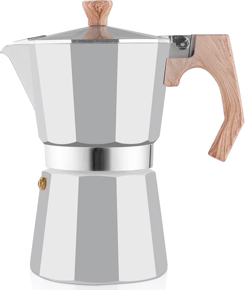 Wedrink Moka Stove Espressomachine, 9 kopjes, 6 kopjes, Italiaanse espressomachine, mokka-pot 300 ml - 450 ml, verbrandingsbestendig houten handvat (6 kopjes, zilver) — afbeelding 1