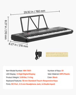 VEVOR Digitale Piano met 61 Toetsen, Semi-Gewogen, Elektrisch Keyboard voor Beginners en Muziekliefhebbers, 100 Geluiden en Ritmes, met HiFi Stereoluidsprekers, Lessenaar en USB/MIDI-Aansluiting — thumbnail 3