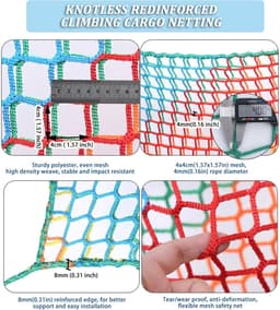 Klimmen Cargo Net Dubbellaags Knooploos Veiligheidsnet Voor Speeltuinen Zware Valbescherming Voor Boomhut, Klimrek, Kinderschommel Hangmat(Size:3 * 3m(10 * 10ft),Color:multicolor) — thumbnail 3