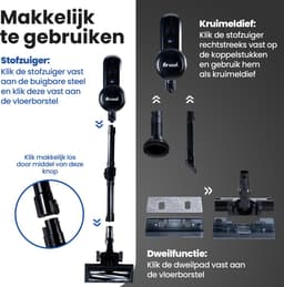 Saaf G90 Steelstofzuiger - 250W - Steelstofzuiger Draadloos - Stofzuiger Zonder Zak - 7-delige set met Buigbare Steel - 30kPa - Kruimeldief - Zwart — thumbnail 5