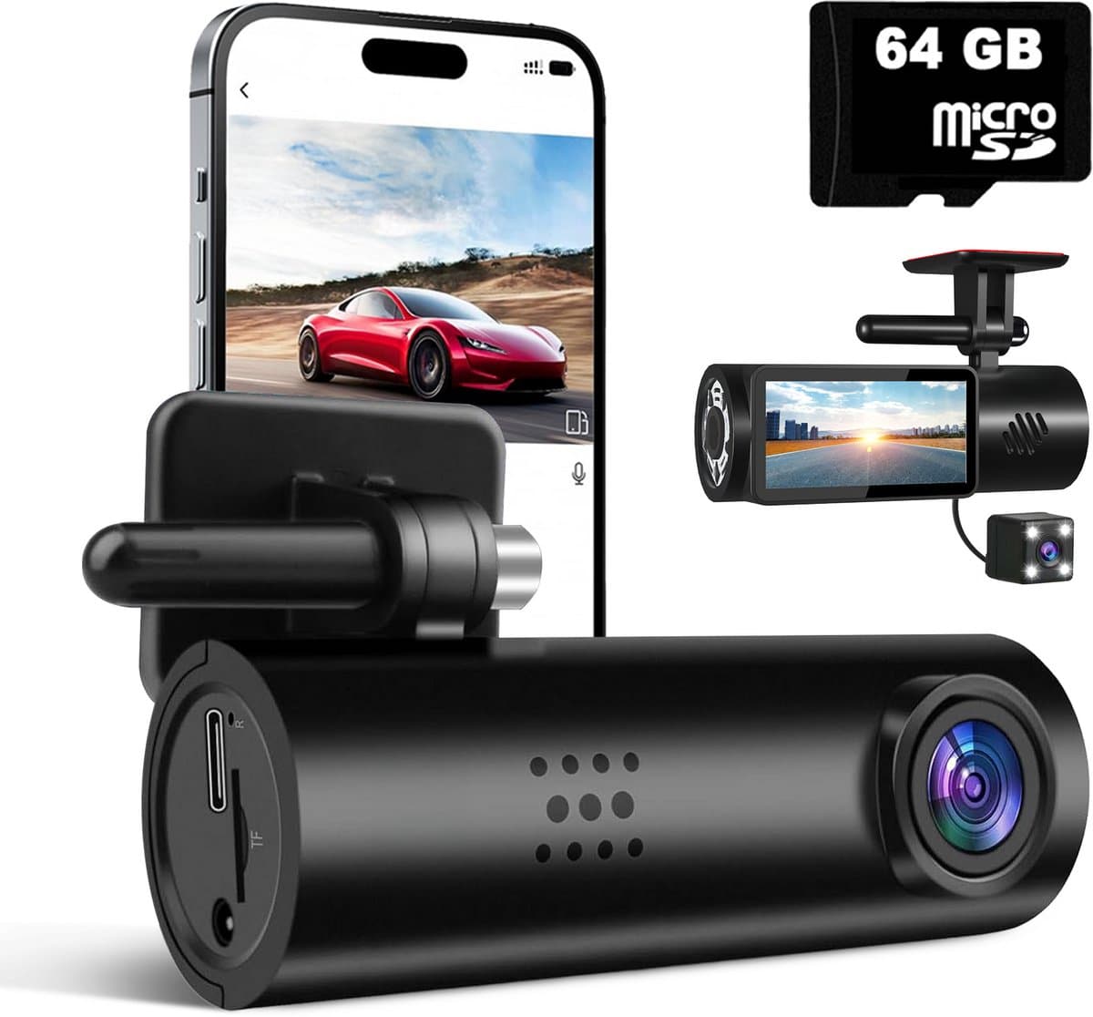 Tech Essentials B100 Dashcam - 720P - Wifi - SD Kaart 64GB - Met Achteruitrijcamera - USB-C - Voor Auto Camera - Voor En Achter - Nachtzicht — afbeelding 1
