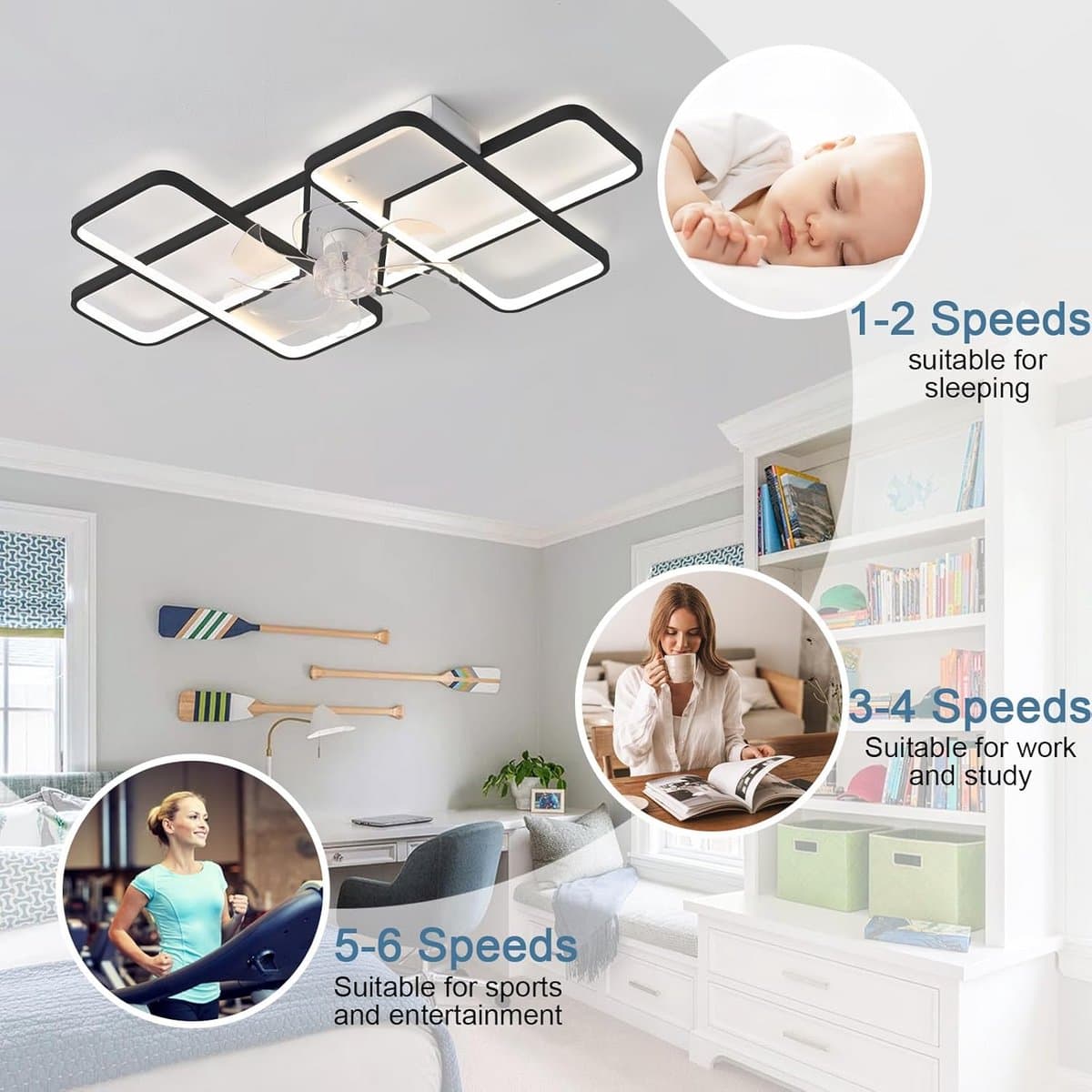 LED Plafondlamp met Ventilator Dimbaar 35 Inch - 6 Versnellingen, Omkeerbaar, APP & Afstandsbediening - Modern voor Woonkamer en Slaapkamer — afbeelding 1