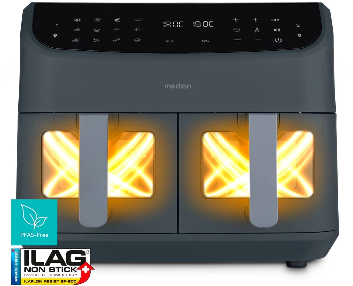 MEDION P20 XXL Heißluftfritteuse mit 2 Kammern (8,7 Liter, Airfryer, 2.600 Watt, Doppelkammer, 10 Automatikprogramme, 2 Schubladen, Sichtfenster, Dualer Airfryer, ILAG PFAS-frei, MD11760) matt grau — afbeelding 1