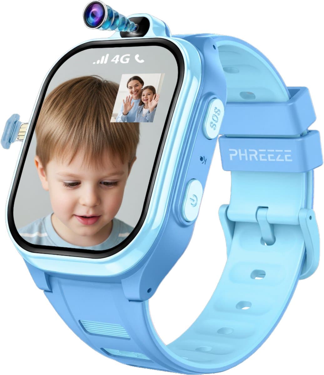 Phreeze Kinderhorloge Jongen - Smartwatch Kind - GPS Horloge Kind - Waterdicht - 4G - Met Simkaart - Belfunctie - Video - Bellen - Spelletjes - Stappenteller - Alarmen - SOS - Blauw — afbeelding 1