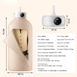 Draagbare wasdroger - Mini kledingdroger - Vermogen 600W - PTC-verwarming - Opvouwbaar - Roterende droogtent - LED-display - Timer 5 uur — thumbnail 3