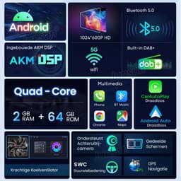 Junsun Android 15 Autoradio Geschikt Voor Opel Astra H Corsa C D Vectra C Zafira Accessoires, Draadloze CarPlay met bluetooth, Stuurwielbediening，DAB+, GPS-Navigatie, Bluetooth, WIFI, 7 inch Touchscreen, 2GB+64GB, DSP, Quad-core processor, grijs — thumbnail 5