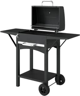 Premie Houtskool Barbecue - Smoker Barbecue - Barbecuegrill - Grillwagen - Houtskoolgrill met 2 Bijzettafels, Groot Grilloppervlak, Deksel, Thermometer, Planken - Verplaatsbaar - BBQ voor buiten, tuin - Zwart — thumbnail 1