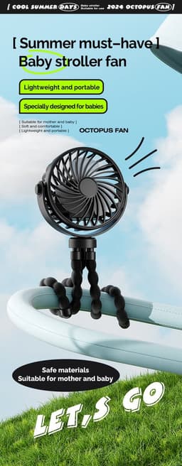 Handventilator - Draagbare Ventilator Oplaadbaar - Blauw - Hand Tafelventilator Draadloos - Kinderwagen Mini Fan - 3 Standen - mini ventilator - festival ventilator - octopus ventilator — thumbnail 2