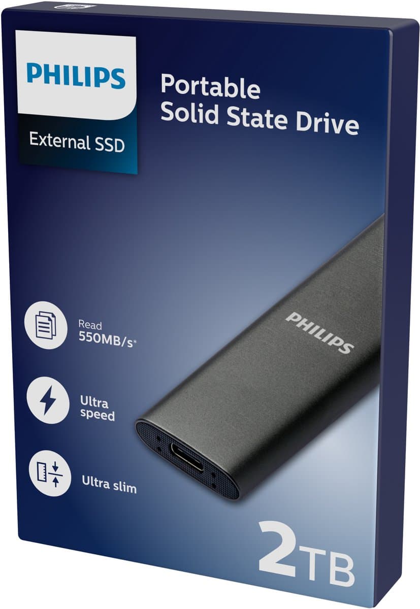 Philips Draagbare externe SSD — 2TB — Ultra Slim SATA Ultra Speed — USB-C – USB — leessnelheid tot 550 MB/s — schrijfsnelheid tot 550 MB/s — Aluminium — afbeelding 1
