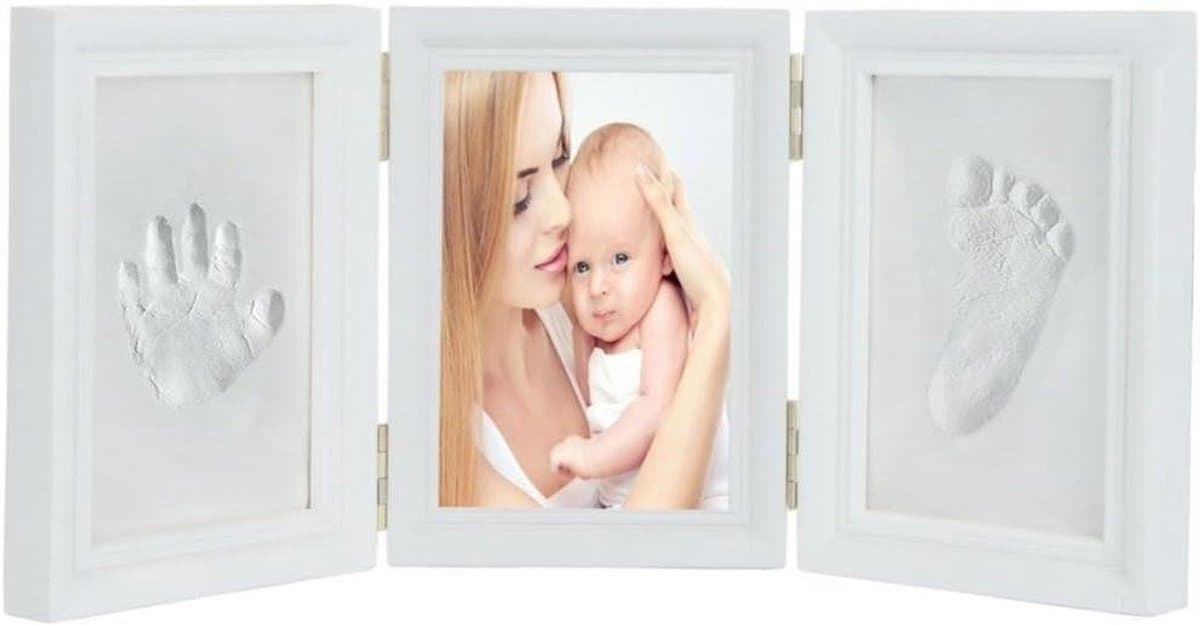 Handafdruk Voetspoor Fotolijst voor Baby's - Perfecte Douchegift - Niet-giftige Klei - Wit Houten Frame - Jongens Meisjes. — afbeelding 1