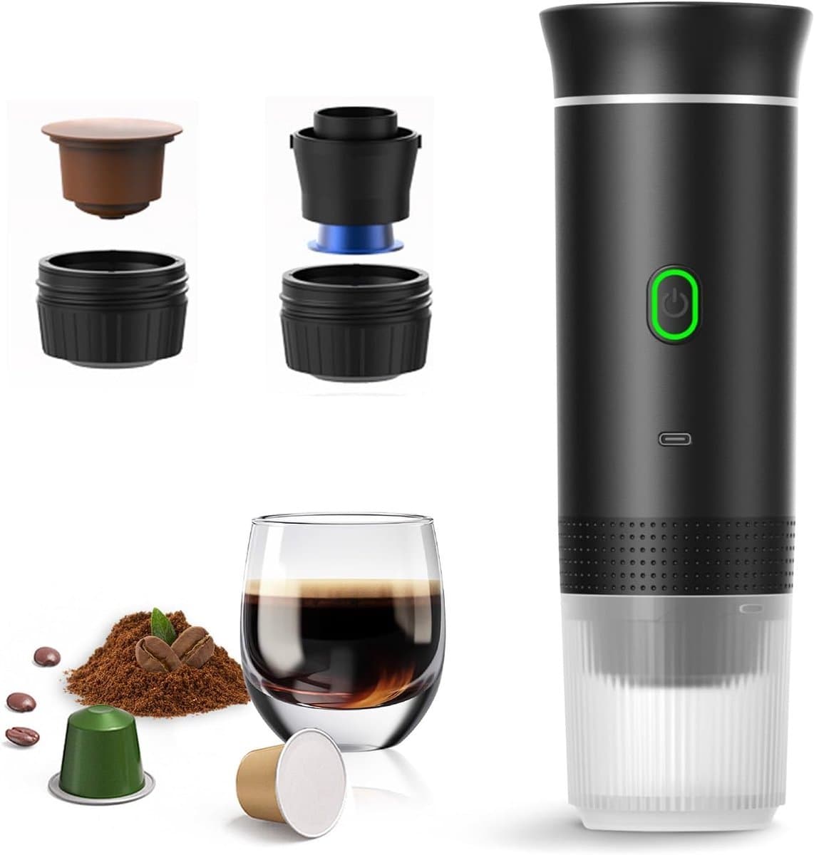 Draagbare elektrische espressomachine - Mini reiscamper - Geschikt voor gemalen koffie / capsules - Kampeer- en wandelkantoor - Oplaadbaar - Zwart — afbeelding 1