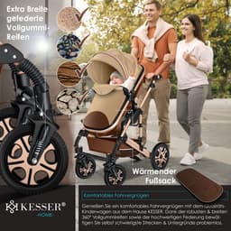 KESSER® Kinderwagen 3 in 1 Loops Wandelwagen Set incl. Autostoel & Reiswieg & Buggy Sportzitje - Massieve Rubberbanden - Luiertas / Regenhoes - Bruin / Champagne — thumbnail 4