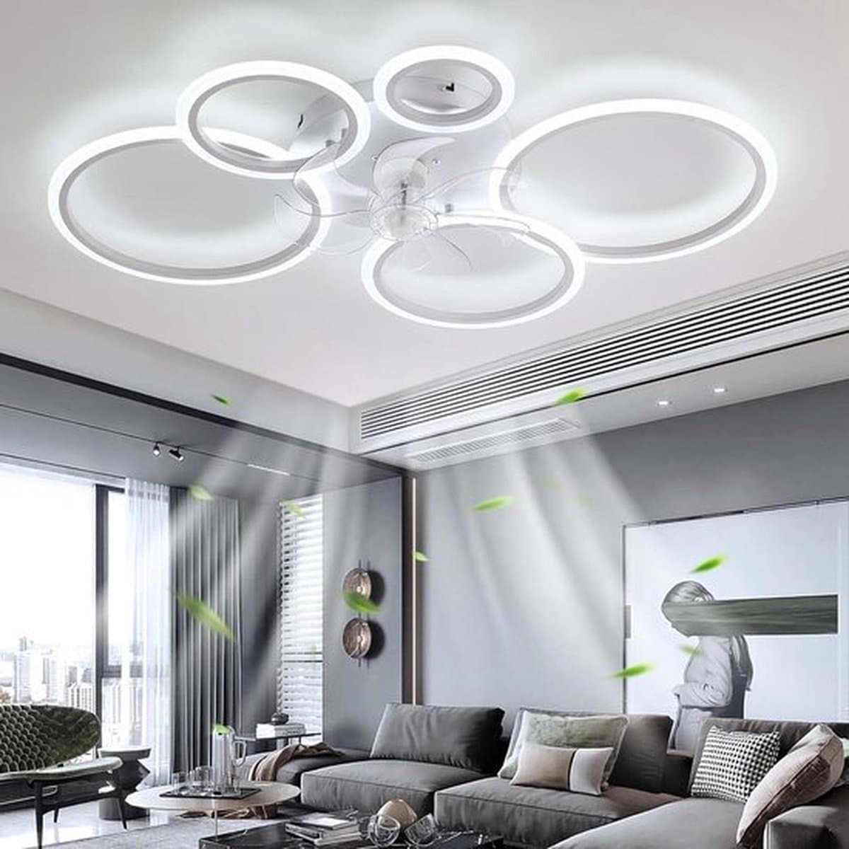 5 Ringen Plafondventilator - Wit - 6 Snelheden - Dimbaar Met Afstandsbediening en APP - Moderne Cirkel Ventilator Licht — afbeelding 1
