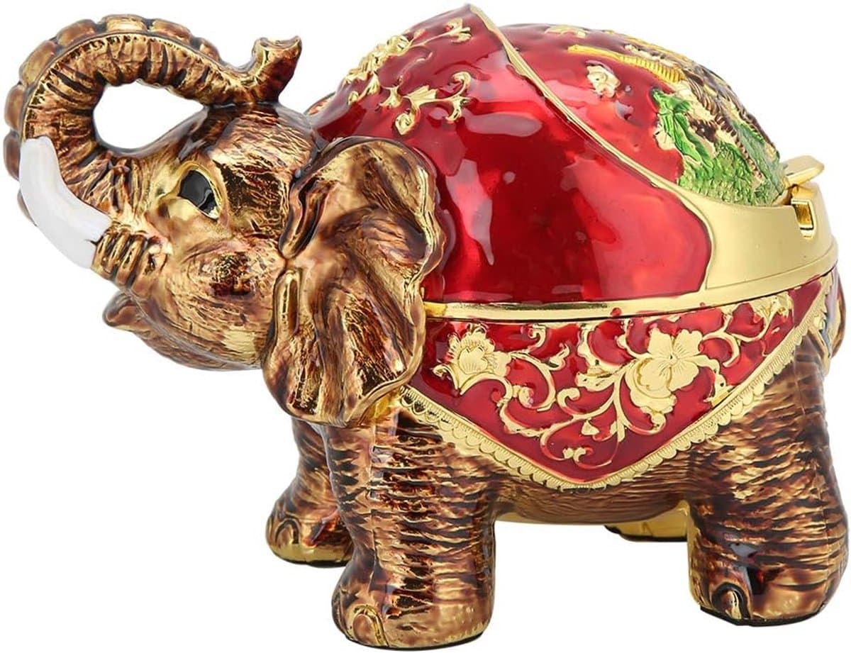 Winddichte Asbak met Deksel Vintage Olifant Sigaretten Asbak voor Buitenshuis Binnen Metalen Rokende Asbak Cadeau voor Mannen Vrouwen(Goud Rood) — afbeelding 1