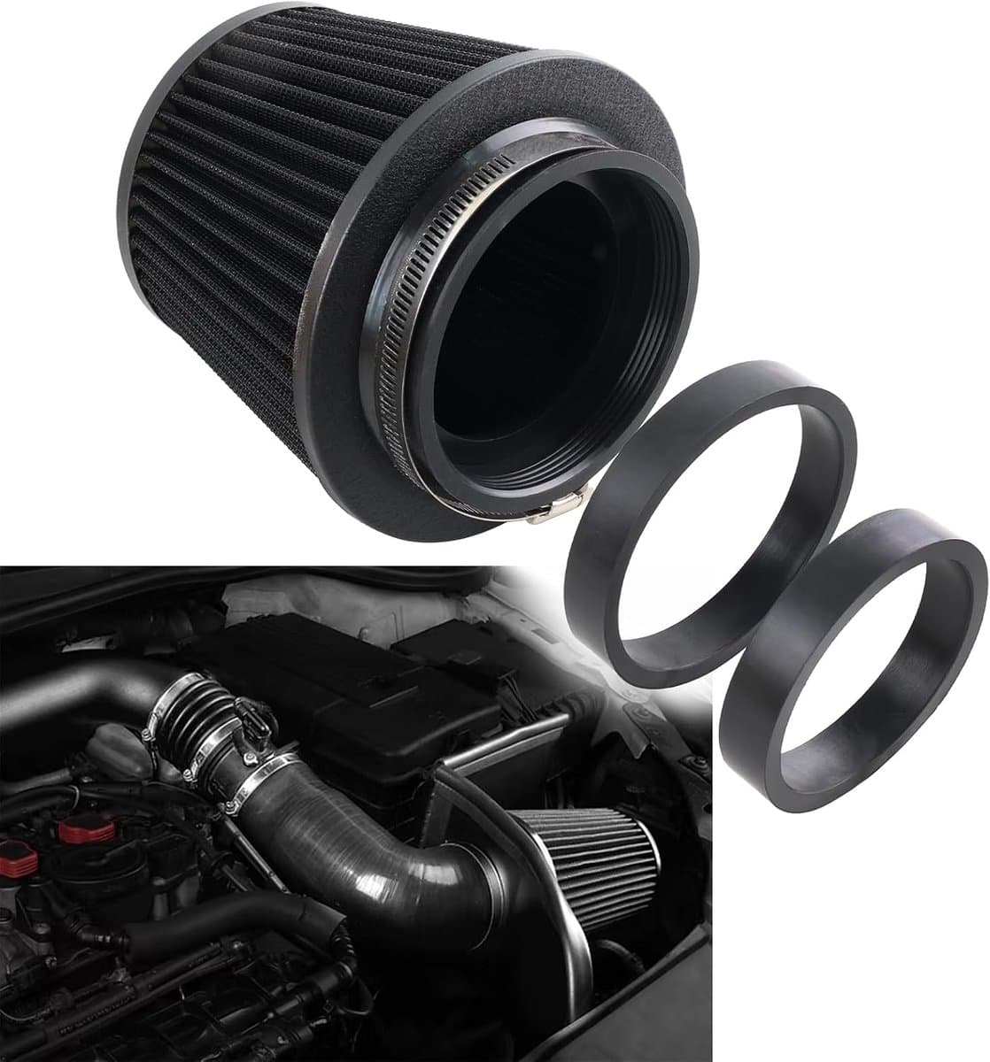 Koude luchtfilter, drie verschillende maten 76 mm/3 inch 89 mm/3,5 "102 mm/4" High Flow Ronde taps toelopende luchtinlaat kegelfilter klem-op luchtfilter compatibel met auto en — afbeelding 1