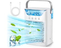 Airconditioningventilator - Draagbare airconditioner, luchtkoeler, luchtbevochtiger en bureauventilator 4-in-1 met 700 ml reservoir / 2 koude nevelstanden / 3 automatische timers / 7 kleuren nachtverlichting