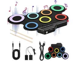 Oprolbaar Elektronisch Drumstel - Draagbare Drum Pad Set 7-in-1 - 7 Siliconen Drumpads - 8 Demoliedjes, 5 Drumgeluiden en 3 Ritmes - USB- of Batterijvoeding - 3,5mm Audioaansluiting - Voor Beginners, Thuis en Onderweg