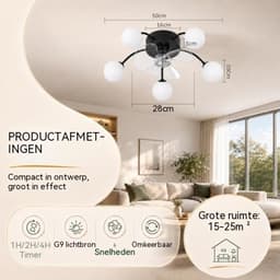 Glitzerlife - Plafond ventilator met verlichting Plafondlamp Ventilatorlamp - 5xG9 fitting - Stille plafondventilator DC motor 6 snelheden omkeerbaar - afstandsbediening timerfunctie - modern design metaal PC - Ø57cm - zwart — thumbnail 5