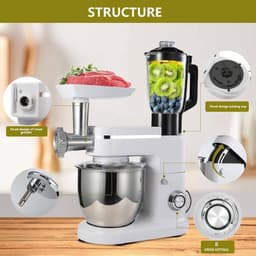 Keukenmixer Blender Vleesmolen - Keukenmachine Deegmixer - Bakken Koken - 3-in-1 Multifunctioneel - 6 Liter Kom - Zilver — thumbnail 3
