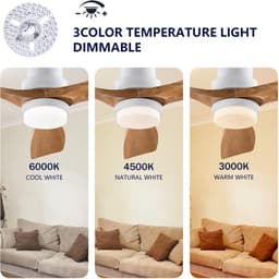 FloraGrace Ventilator – Met Licht En Afstandsbediening – 132 Cm – Metaal En Massief Hout – Wit Naturel – Woonkamer En Slaapkamer – Dimbaar — thumbnail 5