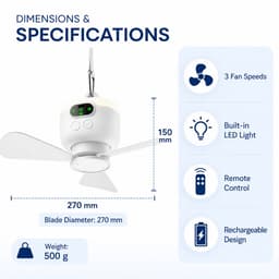 Draagbare Plafondventilator met Licht - Oplaadbare Camping Ventilator met Afstandsbediening - Stille Tentventilator voor Outdoor & Kamperen - Wit — thumbnail 5