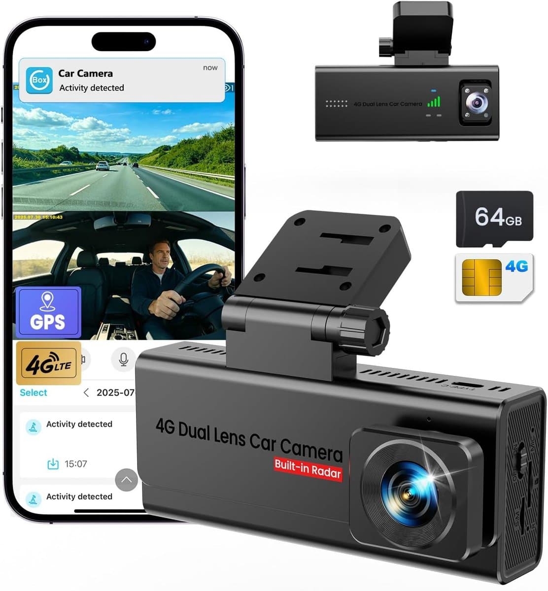 Dashcam voor auto - Zwart - 4G LTE met GPS en 2 camera's - Met app en 24-uurs parkeerbewaking - Voor gezinnen en rijdiensten — afbeelding 1