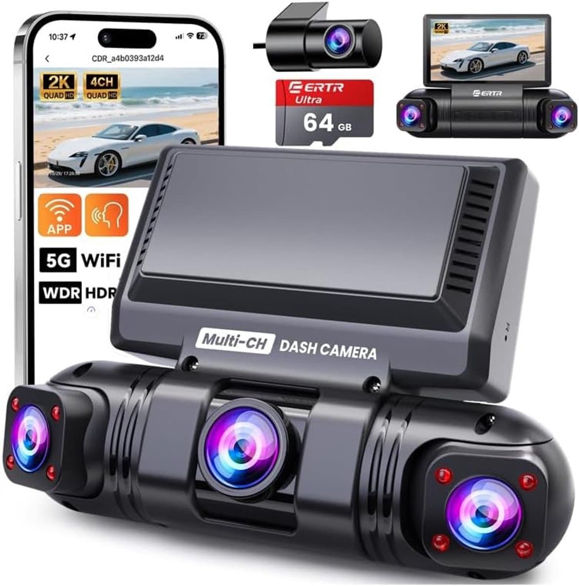 360° Dash Cam - Zwart - 4 Kanalen - Draadloze 2K Autocamera met Nachtzicht - Voor Auto's — afbeelding 1